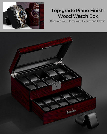 Uhrenbox für Männer mit 20 Slots und Glasdeckel - Luxuriöser Uhrenhalter