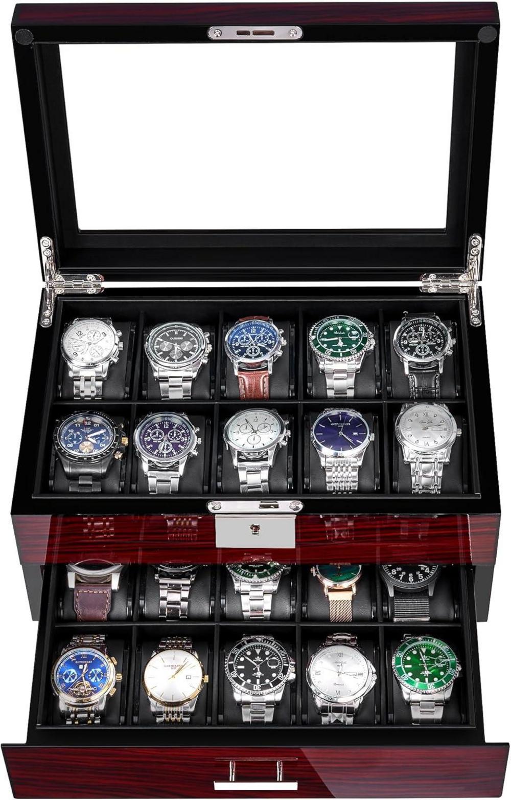 Uhrenbox für Männer mit 20 Slots Glasdeckel Abschließbarer Organizer