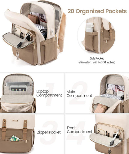 Wasserdichter Laptop-Rucksack Damen 17 Zoll Beige Kaffee