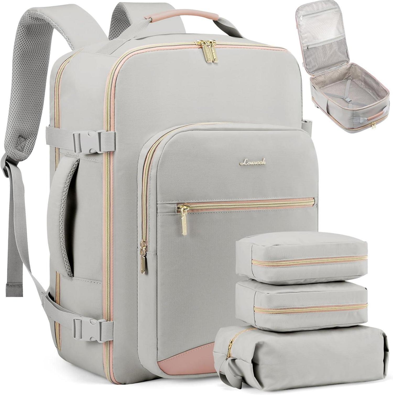 Handgepäck Rucksack 40L Reiserucksack 17 Zoll Laptop Grau+rosa