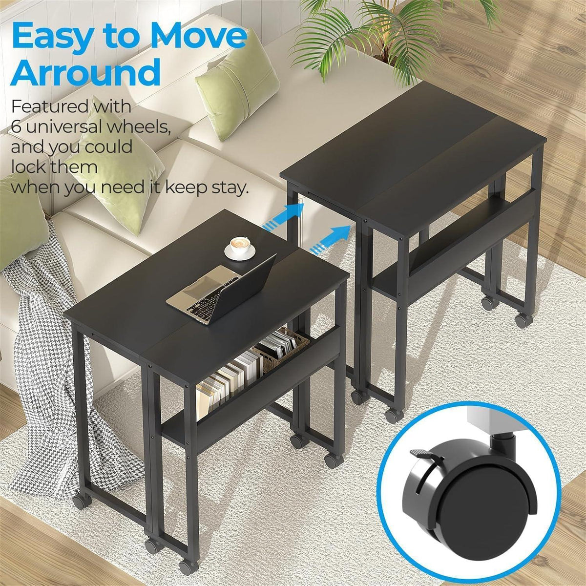 Klapptisch 80cm mit Rollen & Stauraum, Schwarz