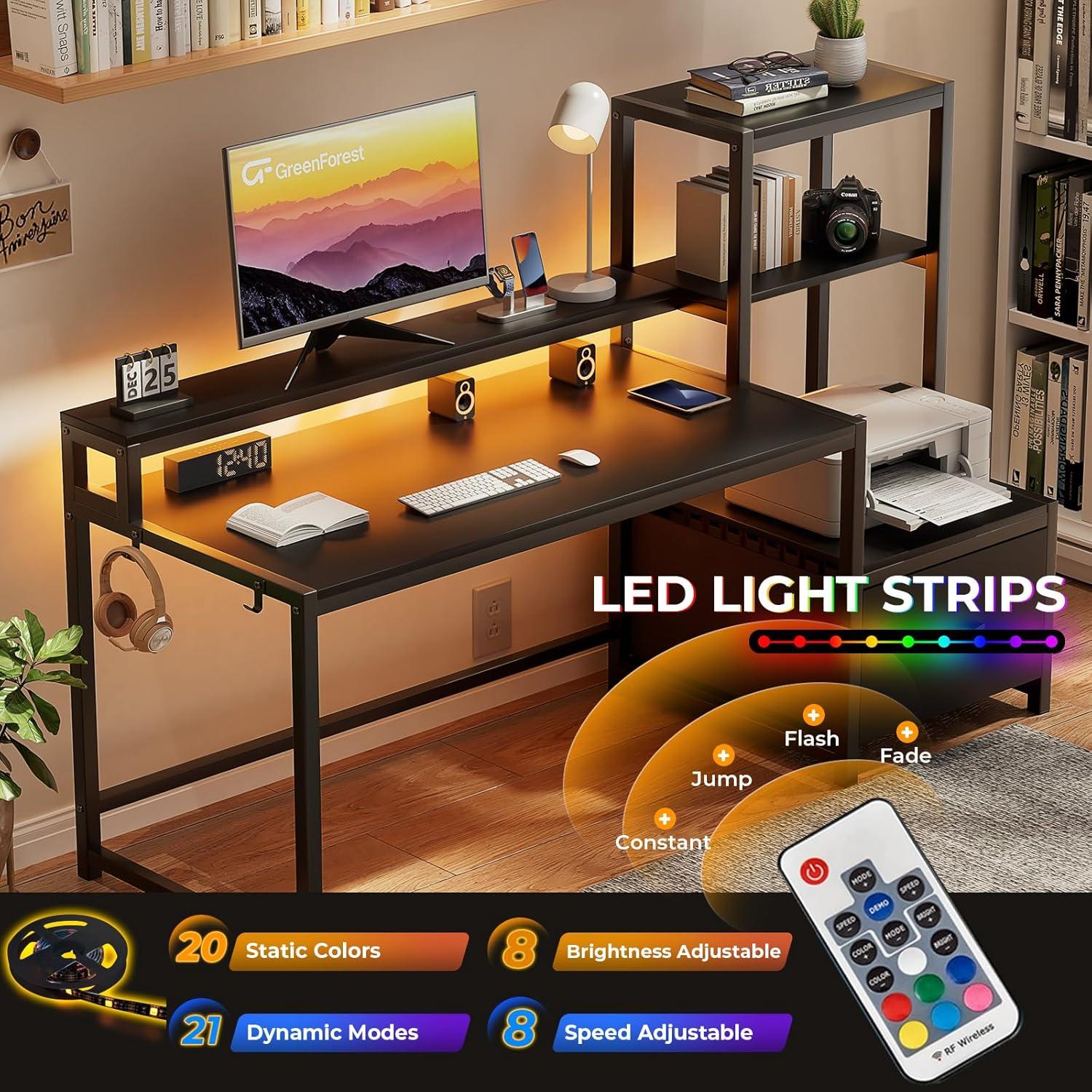 Schreibtisch mit Schublade und Monitorständer, 175 cm, LED-Beleuchtung, Schwarz
