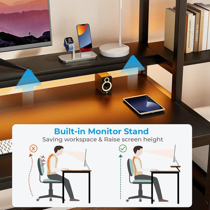 Schreibtisch mit LED-Leuchten, Monitorständer 150 cm, Schwarz
