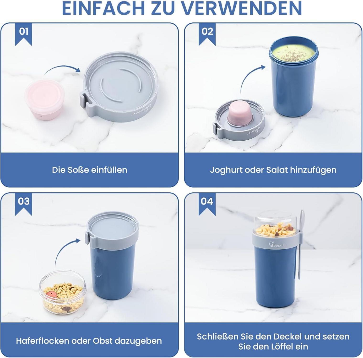 Bugucat Müslibecher to Go 2er Set, Joghurtbecher to Go 990ml, Auslaufsicherer Müslicup to Go Becher, Praktisch für Picknick, Blau+Rosa