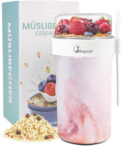 Bugucat Müslibecher to Go mit Löffel - Auslaufsicherer Cup transparent