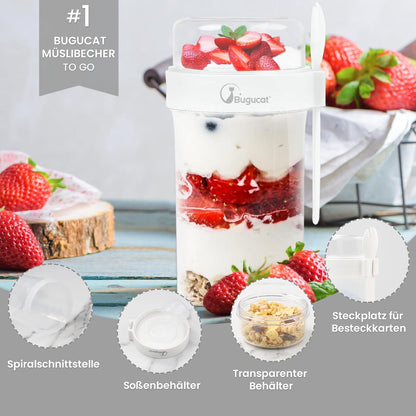 Bugucat Müslibecher to Go mit Löffel - Auslaufsicherer Cup transparent