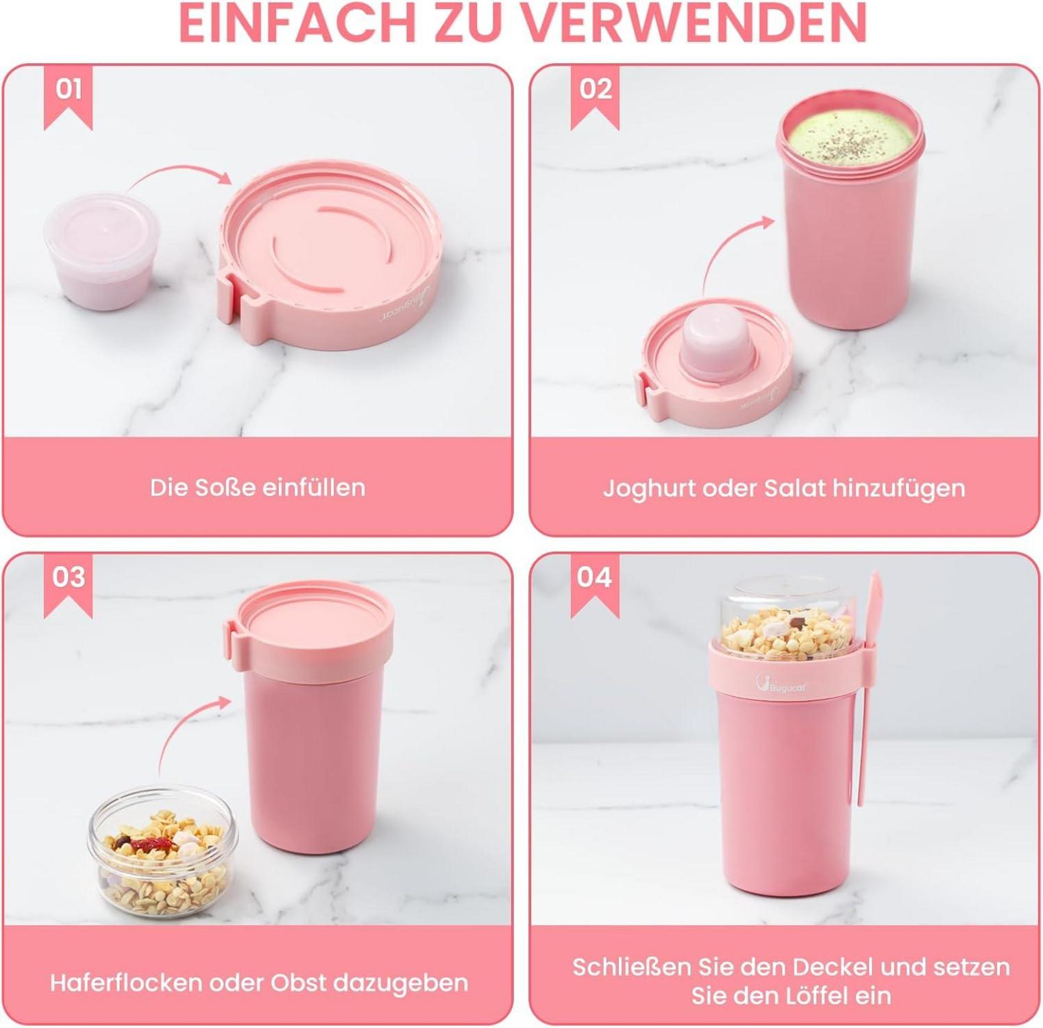Bugucat Müslibecher to Go 2er Set, Joghurtbecher mit Löffel, Auslaufsicher 990ml, Müsli Cup to Go Becher, Müslibox to Go, Grün+Rosa