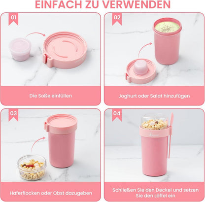 Bugucat Müslibecher to Go 2er Set, Joghurtbecher mit Löffel, Auslaufsicher 990ml, Müsli Cup to Go Becher, Müslibox to Go, Grün+Rosa
