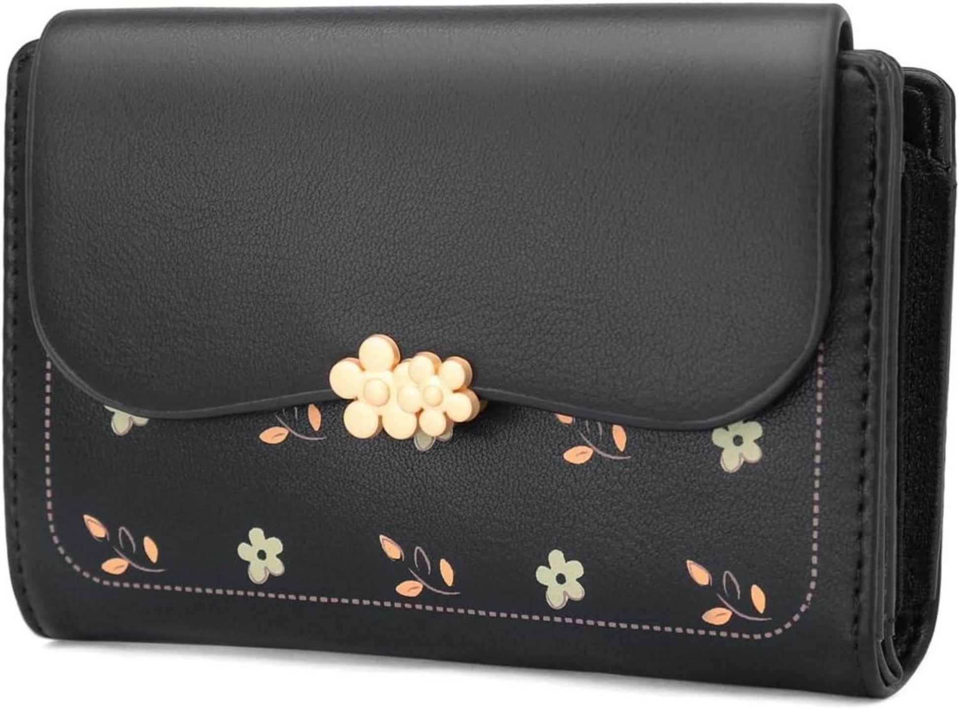Frauen Geldbörse PU Leder mit vielen Fächern und Zipper Schwarz