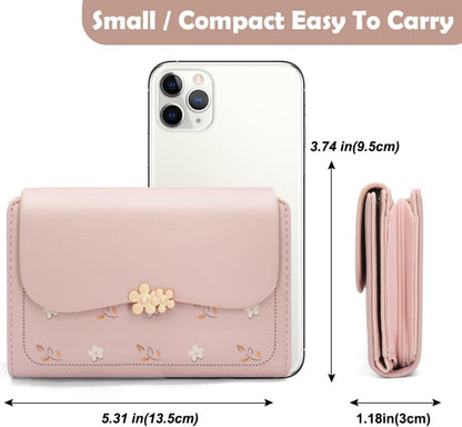 REETEE Damen Geldbörse PU Leder Kurzformat Rosa 9 Fächer Zipper Münzfach