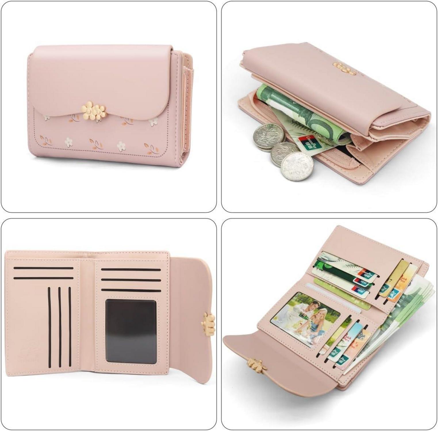 Damen Geldbörse Klein PU Leder Zipper Fächer Rosa Eleganz