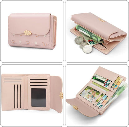 Damen Geldbörse Klein PU Leder Zipper Fächer Rosa Eleganz