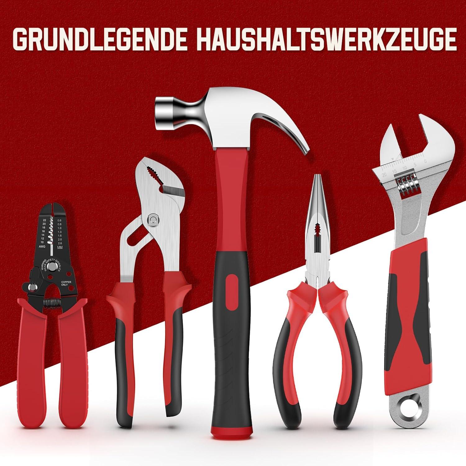 Profi Werkzeugkoffer 379-tlg gefüllt in Rot, Aufbewahrungskoffer mit Schublade - Sundpey