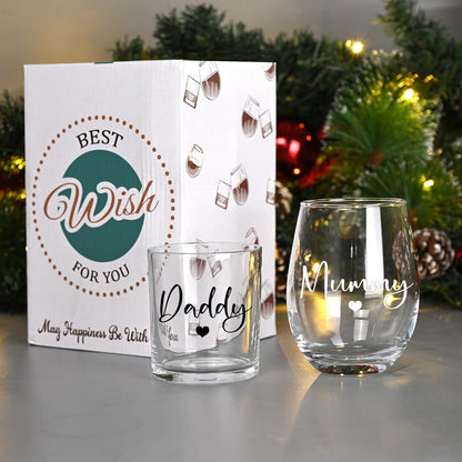 Gläser-Set für Mama und Papa, Weinglas und Whiskeyglas, Geschenk für