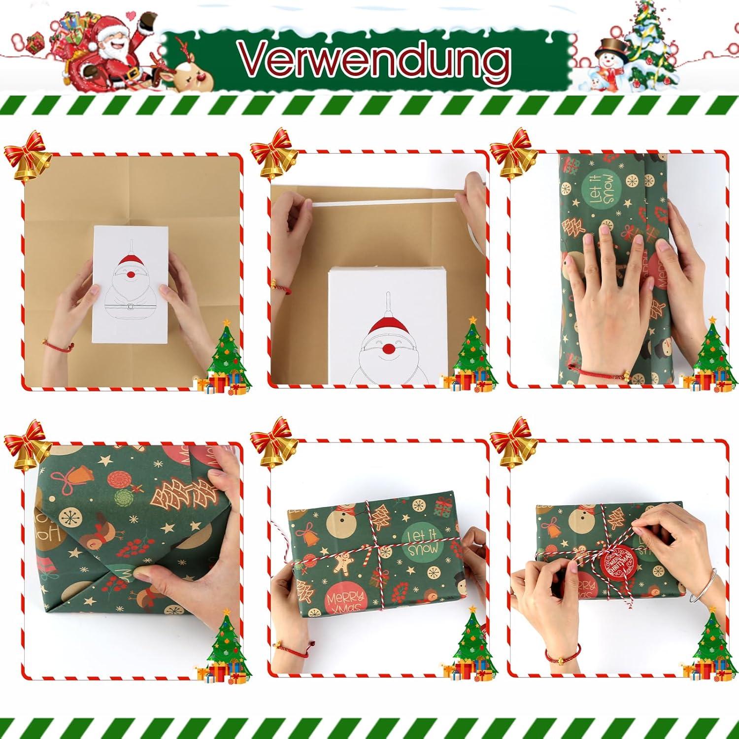 10 Blatt Kraft Geschenkpapier Weihnachten 50x70cm mit Band Etiketten Karten und Klebeband Gelb
