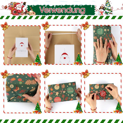 10 Blatt Kraft Geschenkpapier Weihnachten 50x70cm mit Band Etiketten Karten und Klebeband Gelb