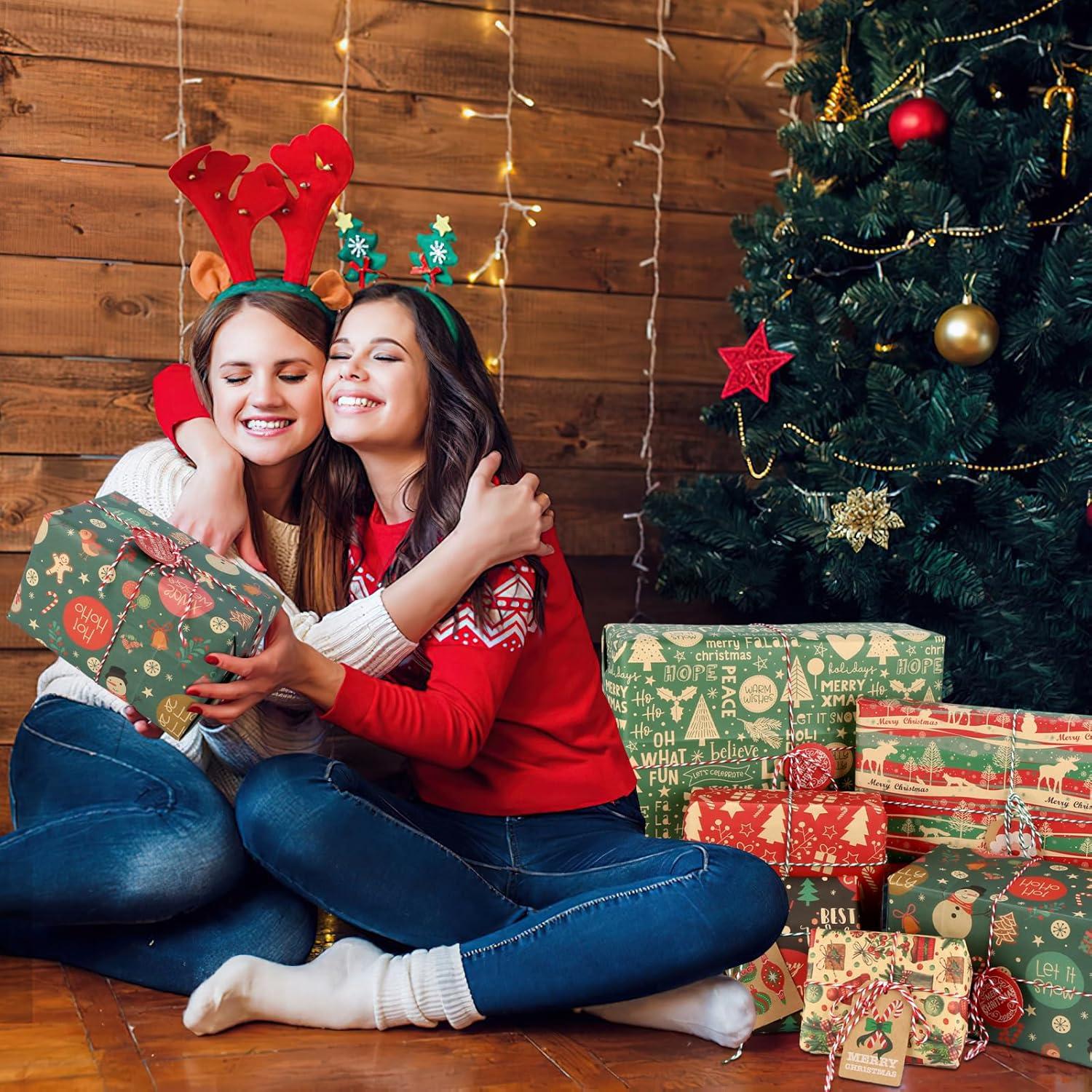 10 Blatt Kraft Geschenkpapier Weihnachten Set mit Band und Etiketten