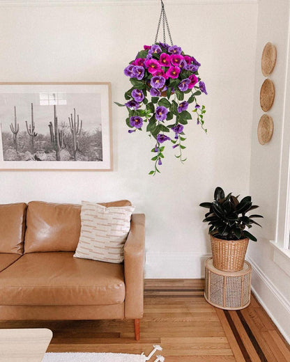 Künstliche Stiefmütterchen Hängeblumen Pansy mit Hängeampel 80cm Lila