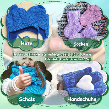 Rundstricknadeln Set 100 cm Edelstahl 11 Stück mit Etui und Zubehör