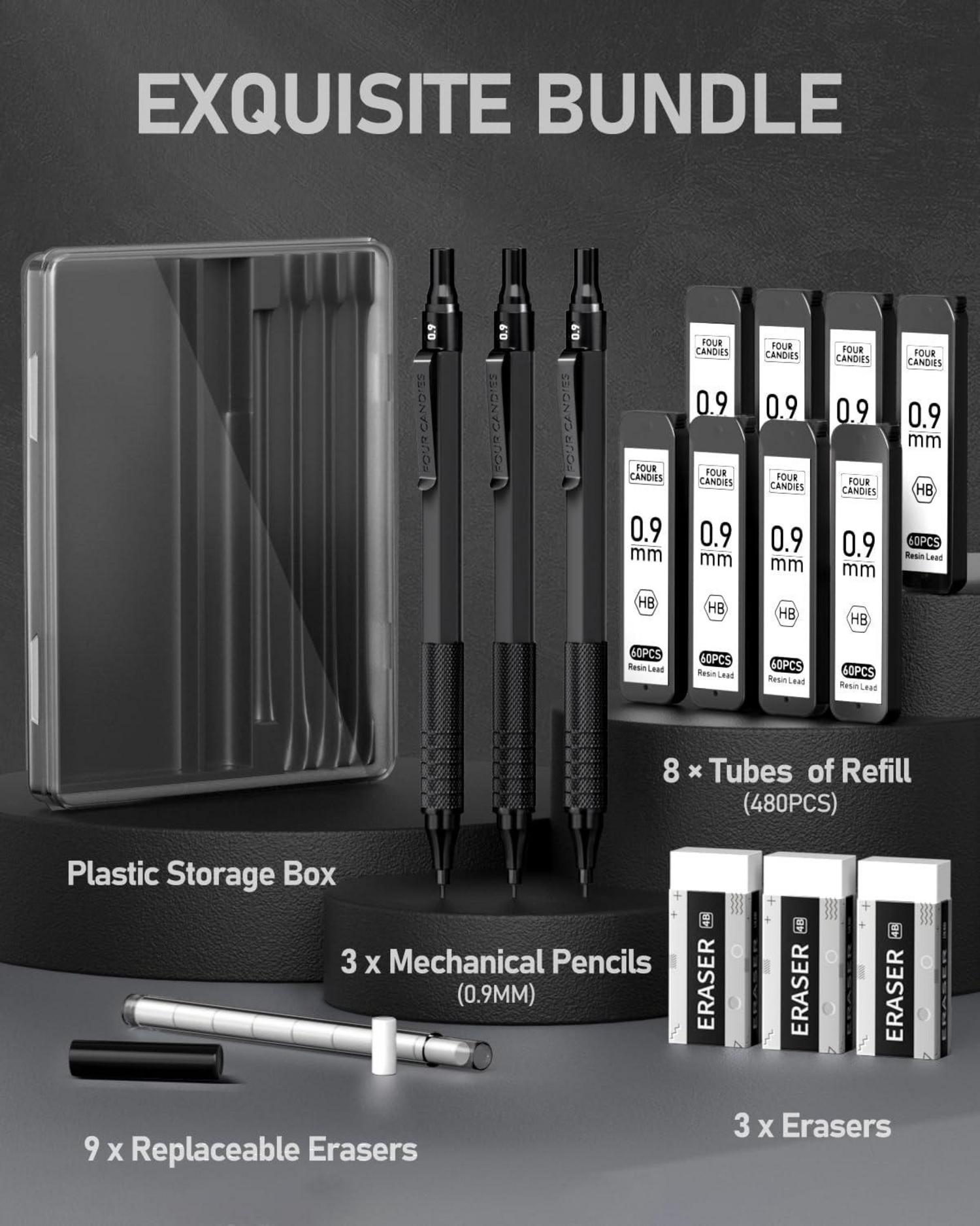 Metall-Druckbleistift-Set 0,9mm mit Etui, 480 HB-Minener, Radiergummis, Nachfüllungen