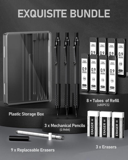 Metall-Druckbleistift-Set 0,9mm mit Etui, 480 HB-Minener, Radiergummis, Nachfüllungen