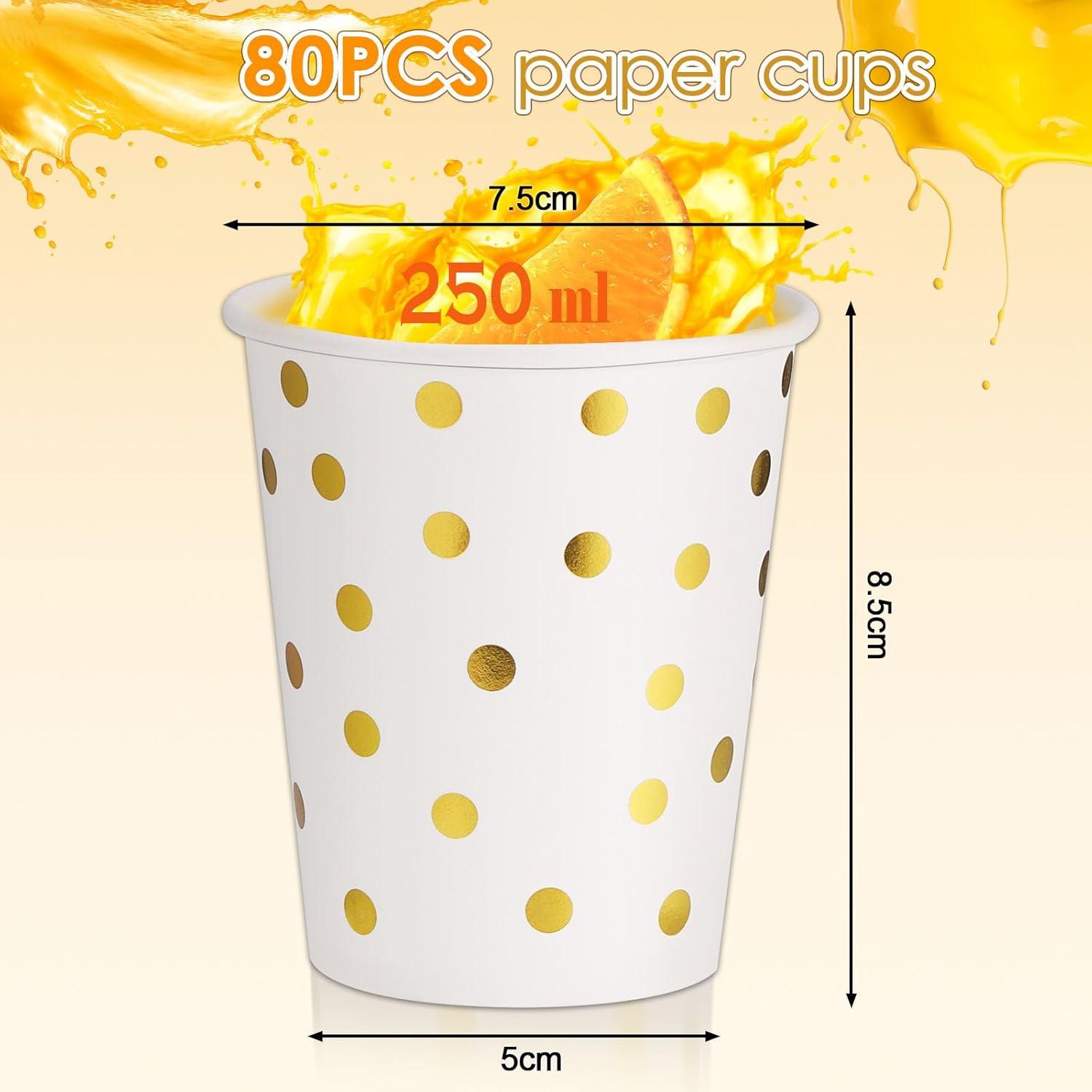 Hejo 80 Stk. Gold Dot Pappbecher 250ml Einweg Trinkbecher Hochzeit