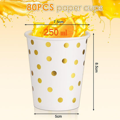 Hejo 80 Stk. Gold Dot Pappbecher 250ml Einweg Trinkbecher Hochzeit