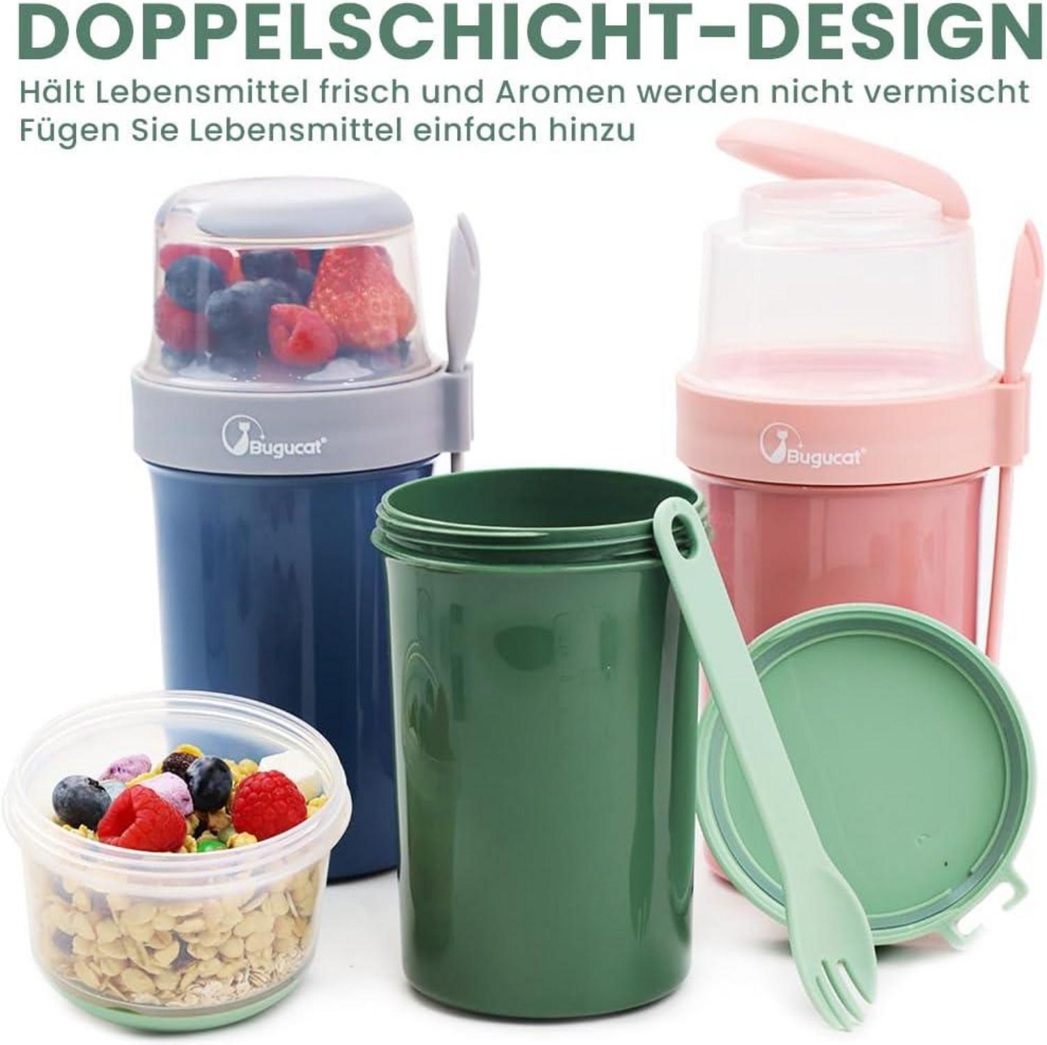 Bugucat 2in1 Müslibecher to Go mit Löffel 1070ml Grün