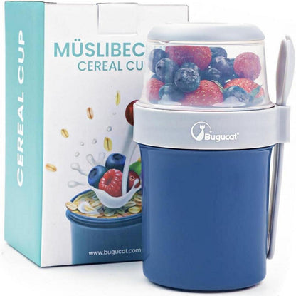 Bugucat Müslibecher to Go 2in1 Lunchpot Salatbecher Yoghurt 870ml Blue