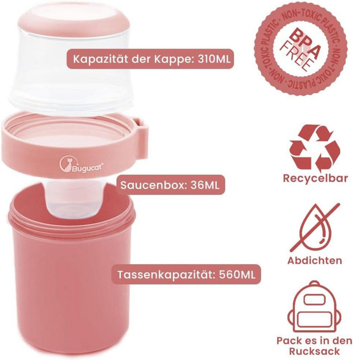 Bugucat Müslibecher to Go 2in1 Lunchpot mit Löffel - Rosa