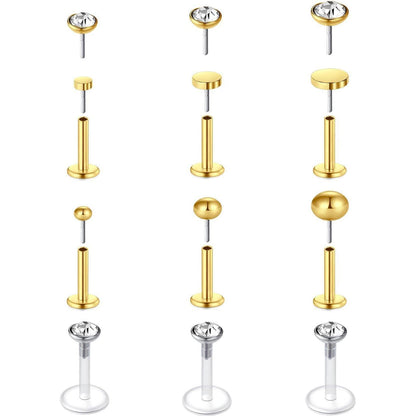 Labret Piercing Set 9+3 Stück, 16G Chirurgenstahl & Acryl, 2-4mm CZ
