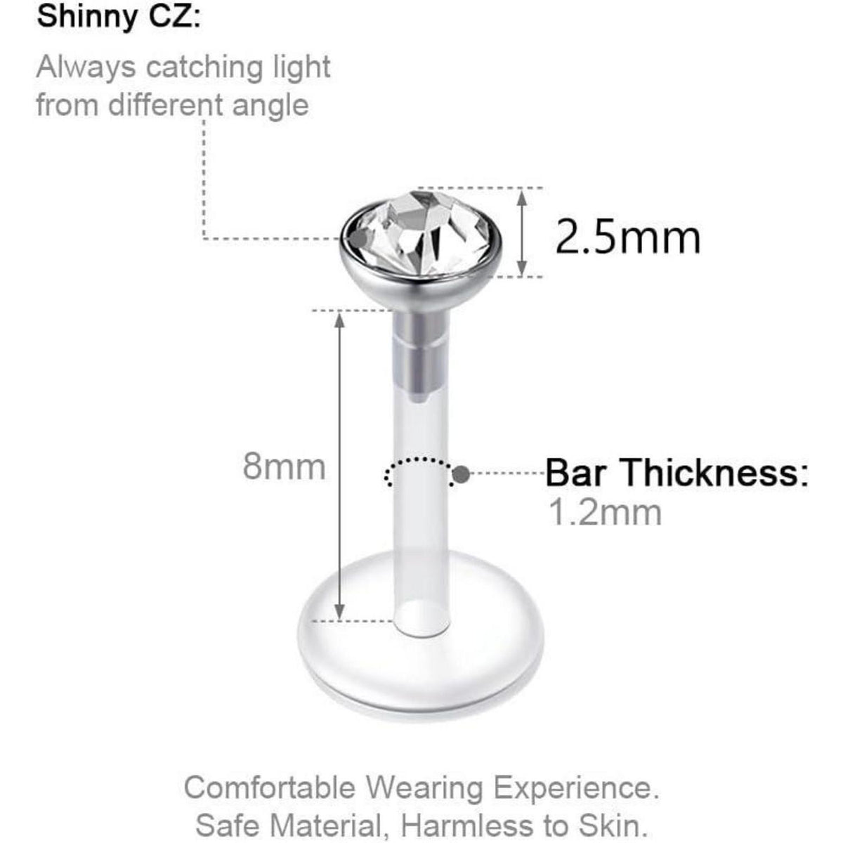 Labret Piercing Set 9+3 Stück, 16G Chirurgenstahl & Acryl, 2-4mm CZ