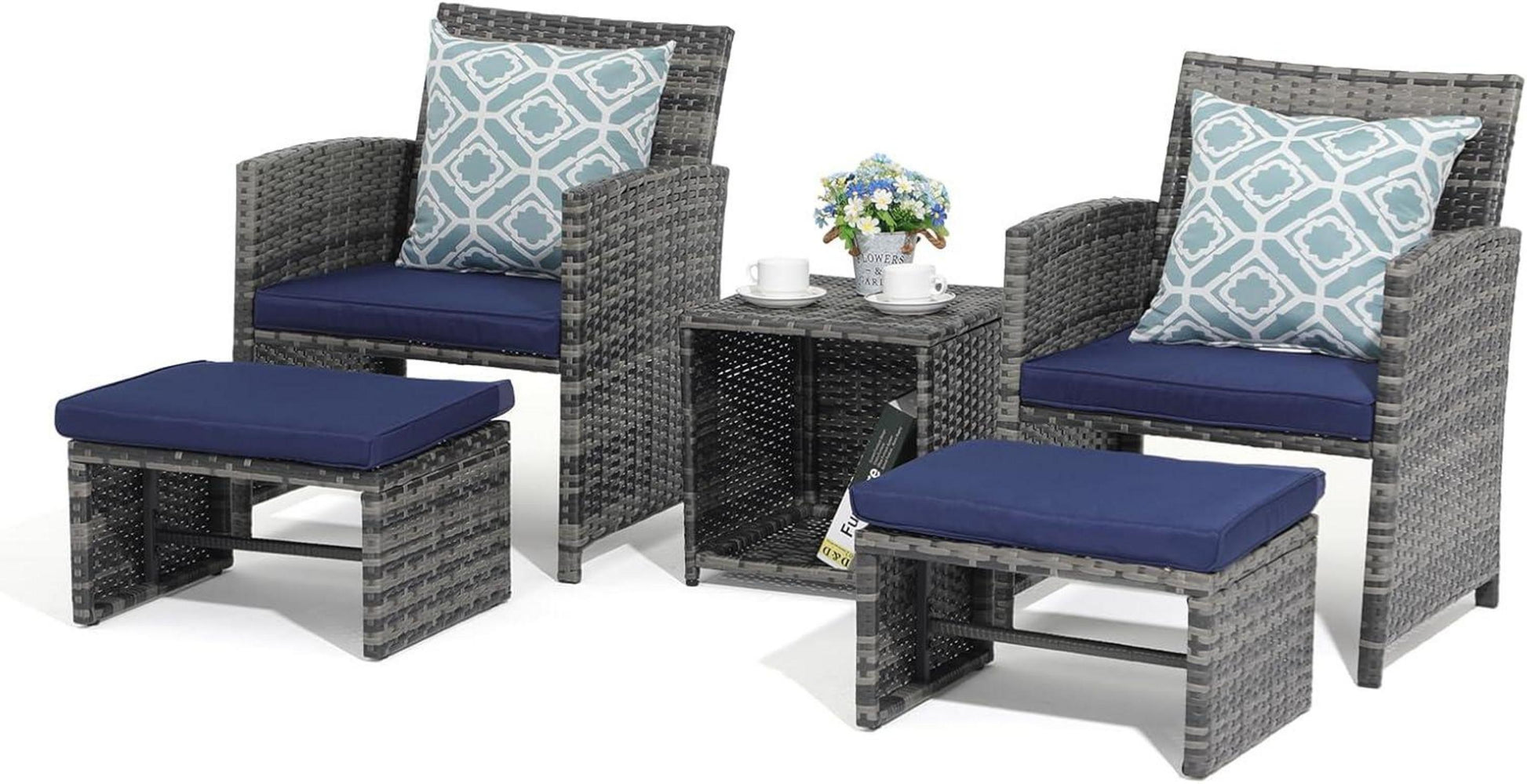 Rattan Balkonmöbel-Set 5-tlg. inkl. Kissen und Hocker