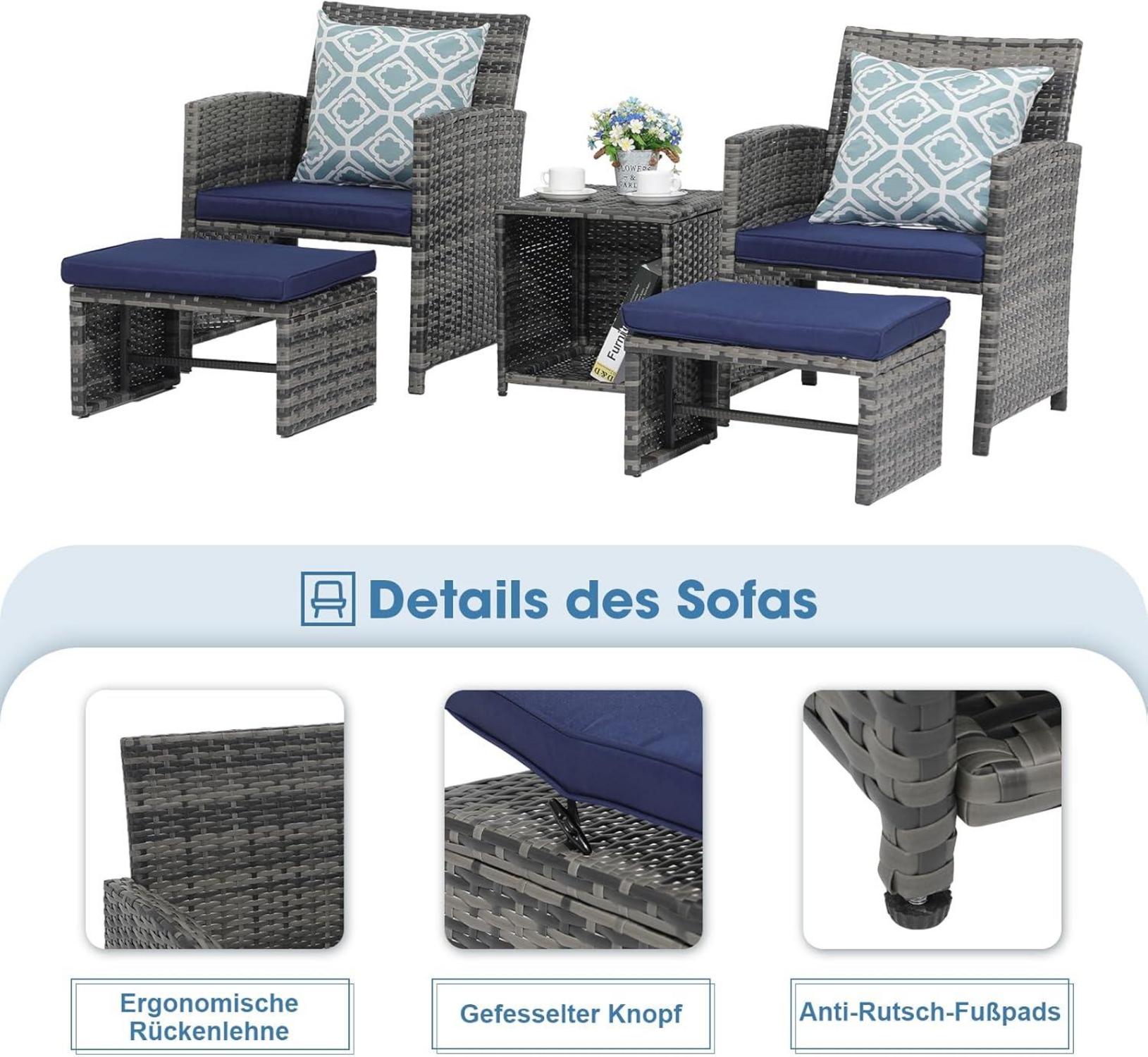 5-tlg. Rattan Balkonmöbel-Set mit Sitzkissen & Hocker; PE-Rattan