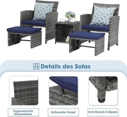 5-tlg. Rattan Balkonmöbel-Set mit Sitzkissen & Hocker; PE-Rattan