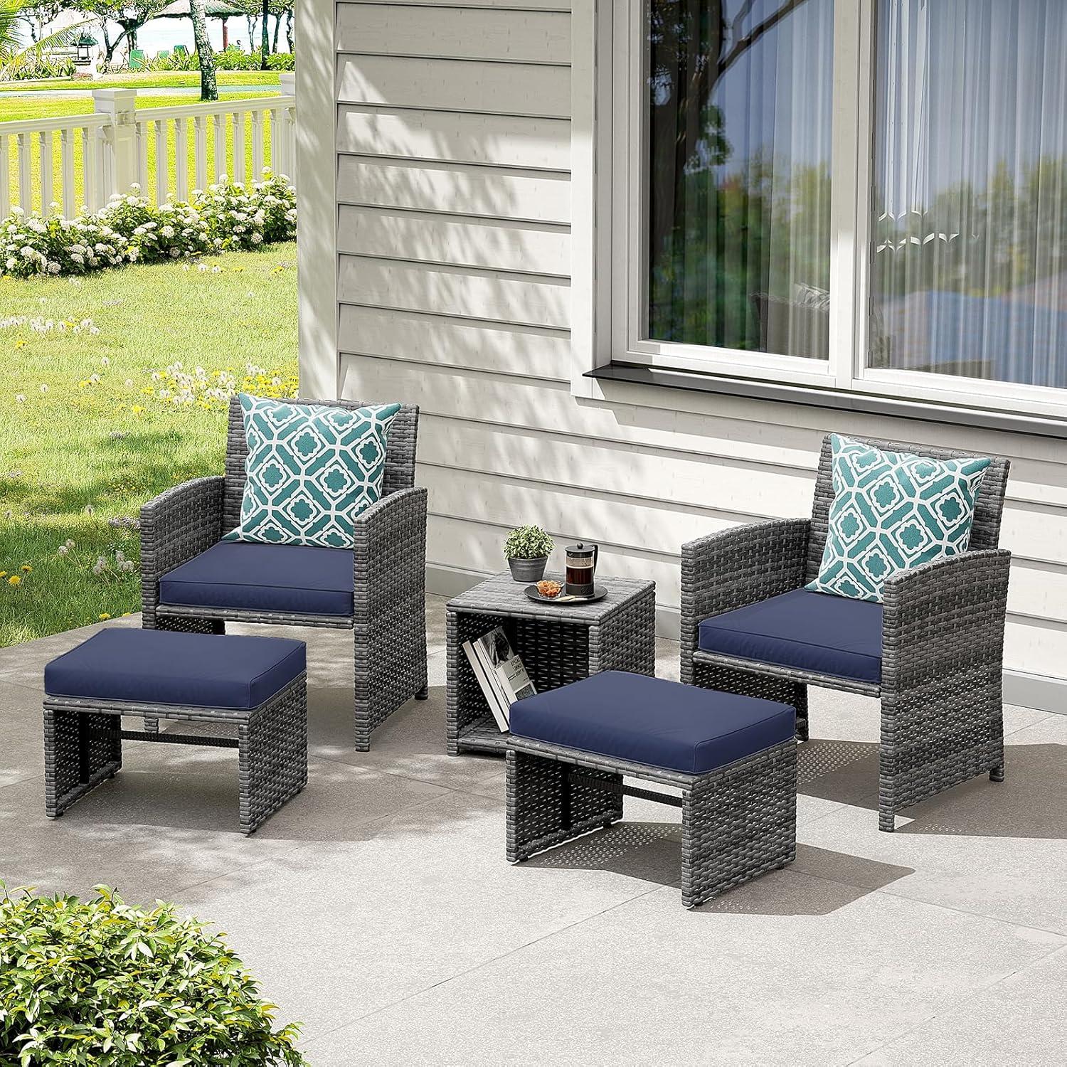 5-tlg. Rattan Balkonmöbel-Set mit Sitzkissen & Hocker; PE-Rattan