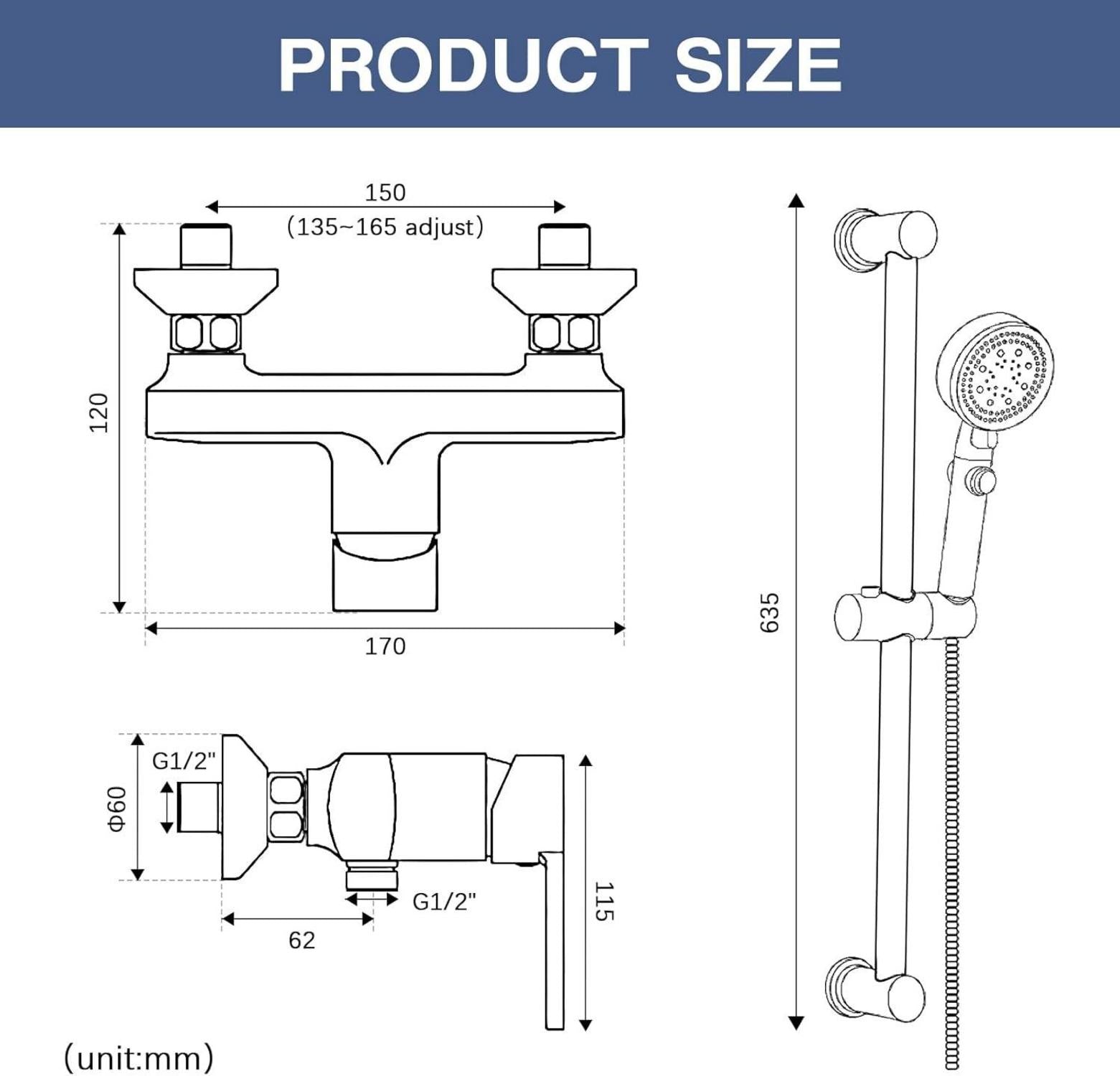 Duscharmatur Schwarz mit Brausegarnitur, Wandmontage, Duschset, 635mm Stange