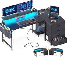 L-förmiger Gaming-Schreibtisch mit Stoff-Schubladen, USB-Anschlüssen