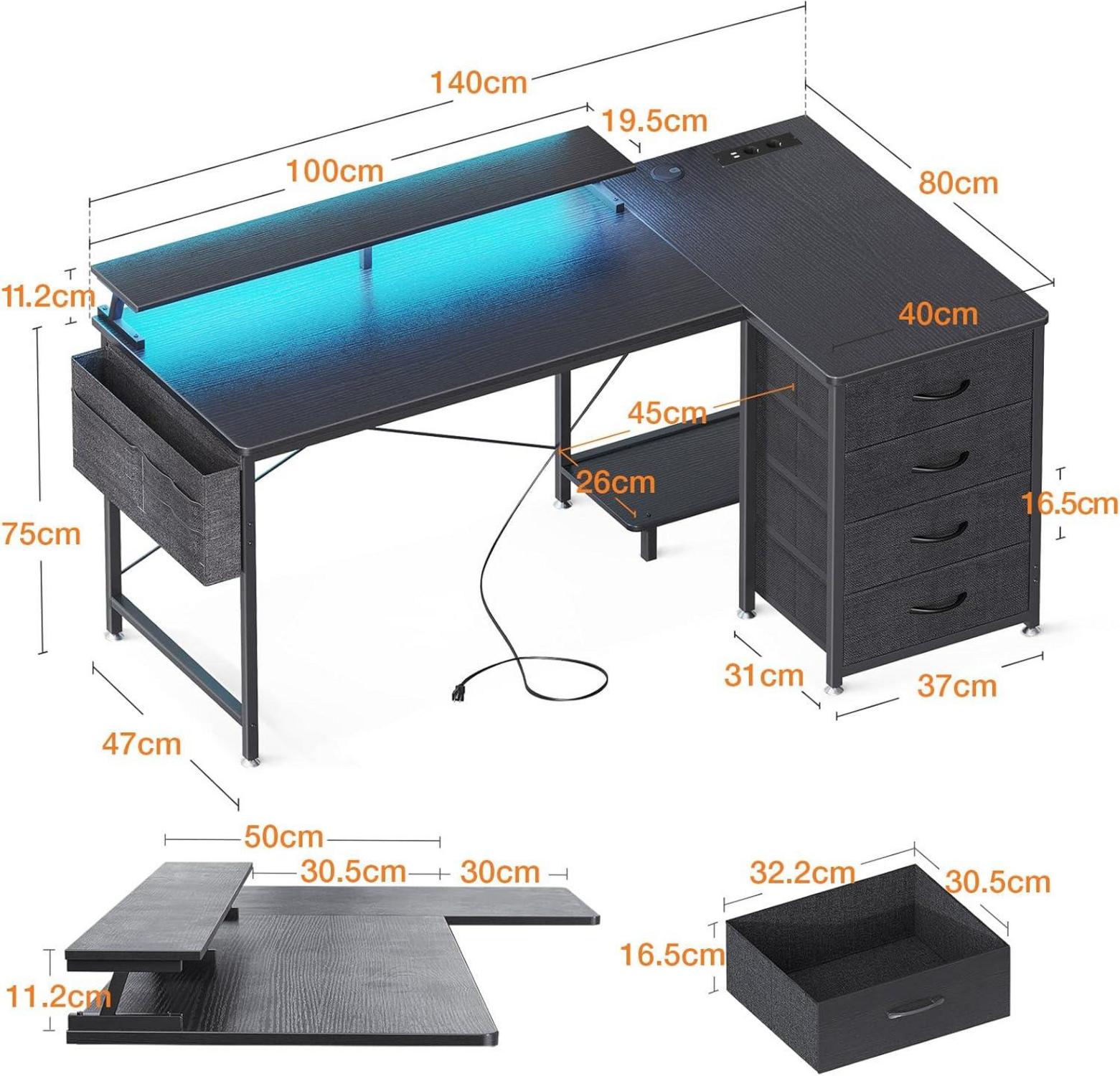 L-förmiger Gaming-Schreibtisch mit Stoff-Schubladen, USB-Anschlüssen