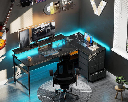 ODK Eckschreibtisch 140x80cm LED Gaming Tisch Schwarz