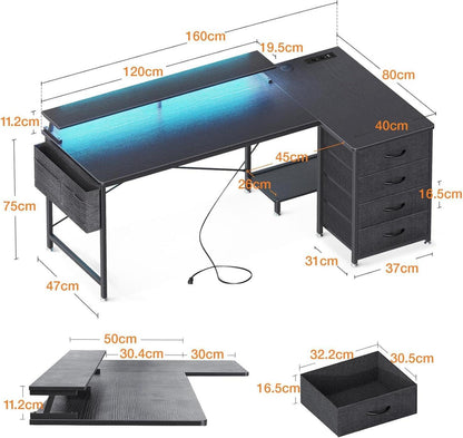 Eckschreibtisch 160x80cm 4 Schubladen USB LED Gaming Tisch L-Form