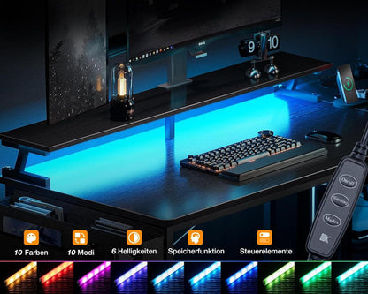 Eckschreibtisch mit Schubladen und USB-Ladeanschluss, Gaming Tisch L Form LED