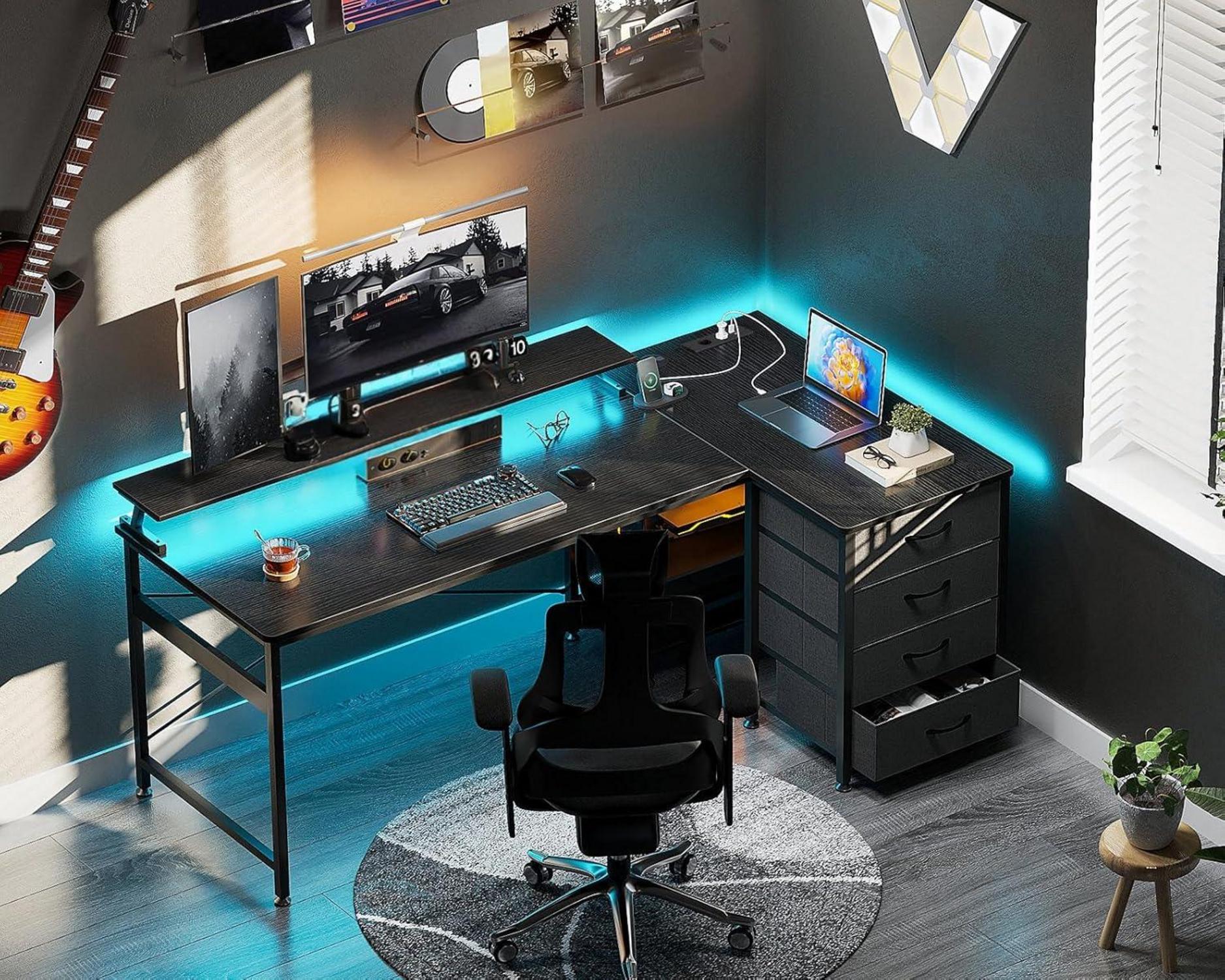Eckschreibtisch mit Schubladen und USB-Ladeanschluss, Gaming Tisch L Form LED