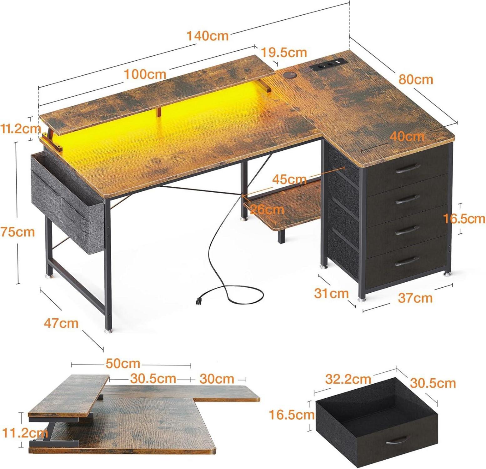 Eckschreibtisch mit Stoff Schubladen und USB-Ladeanschluss, Gaming