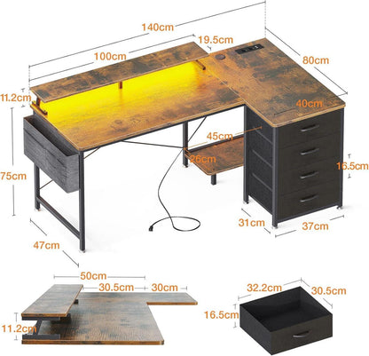 Eckschreibtisch mit Stoff Schubladen und USB-Ladeanschluss, Gaming