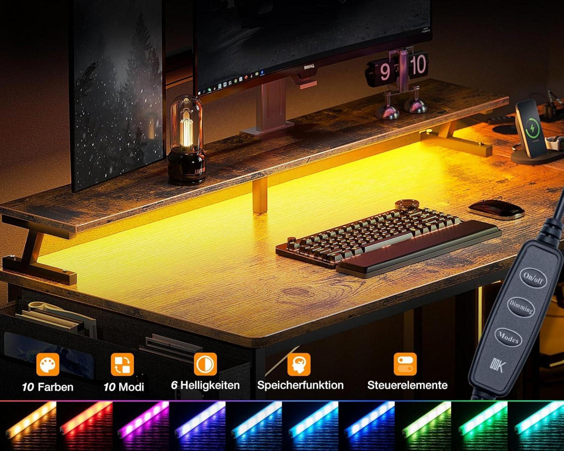 ODK Eckschreibtisch 140x80cm mit 4 Schubladen USB LED Braun
