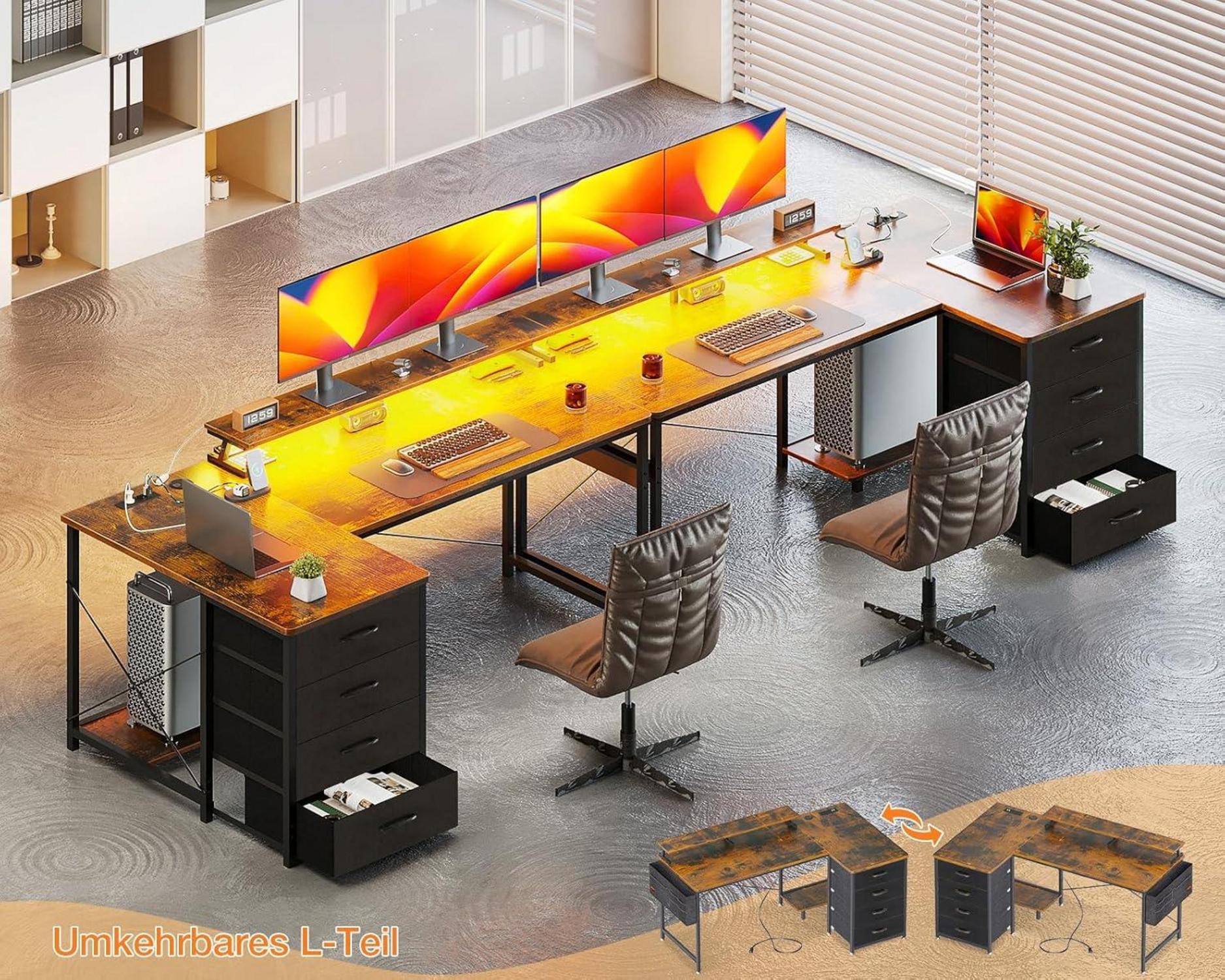 ODK Eckschreibtisch 140x80cm L-Form 4 Schubladen USB LED Braun