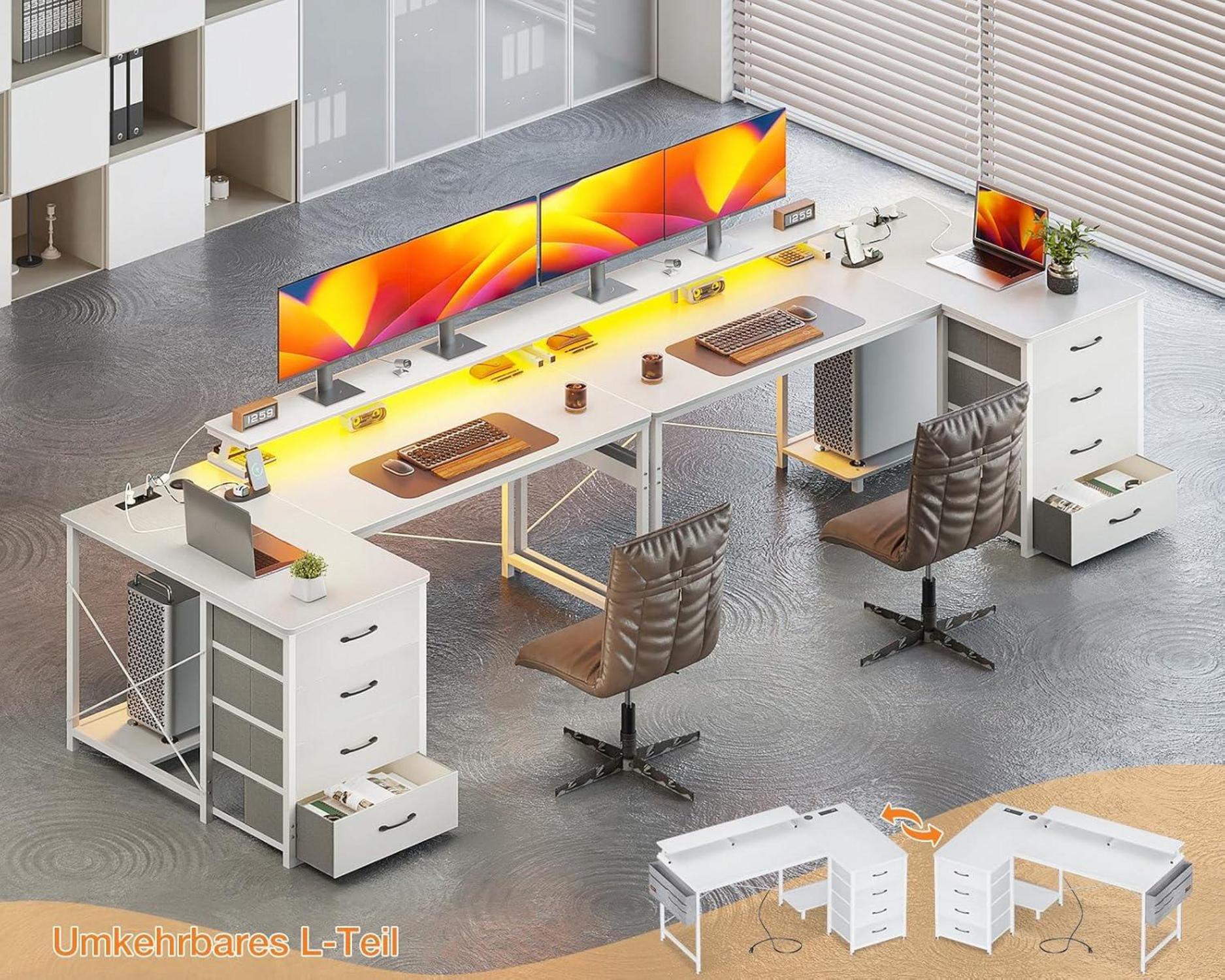 Eckschreibtisch Weiß 140x80cm mit Schubladen und USB
