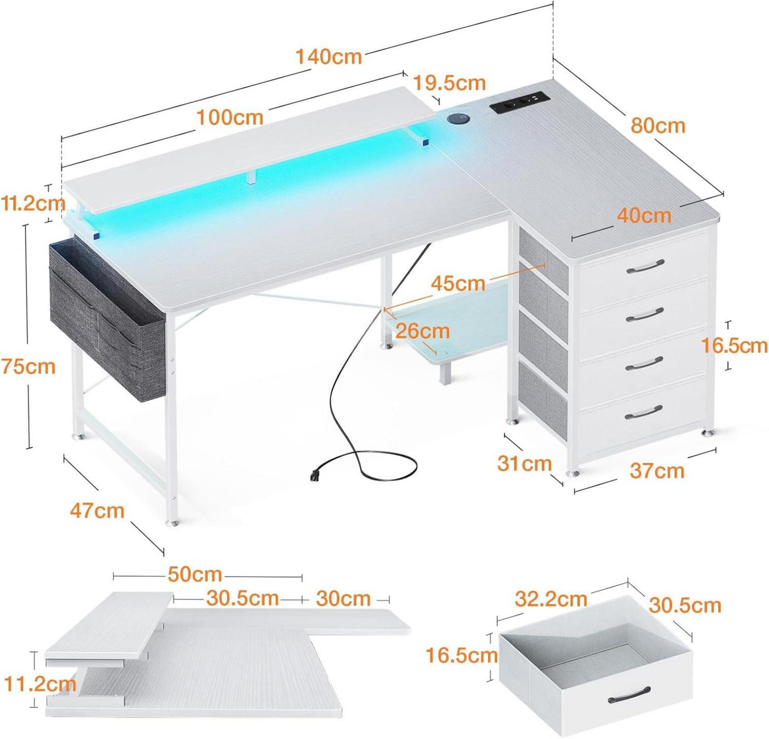 Eckschreibtisch Weiß Gaming Tisch L-Form LED Monitorständer