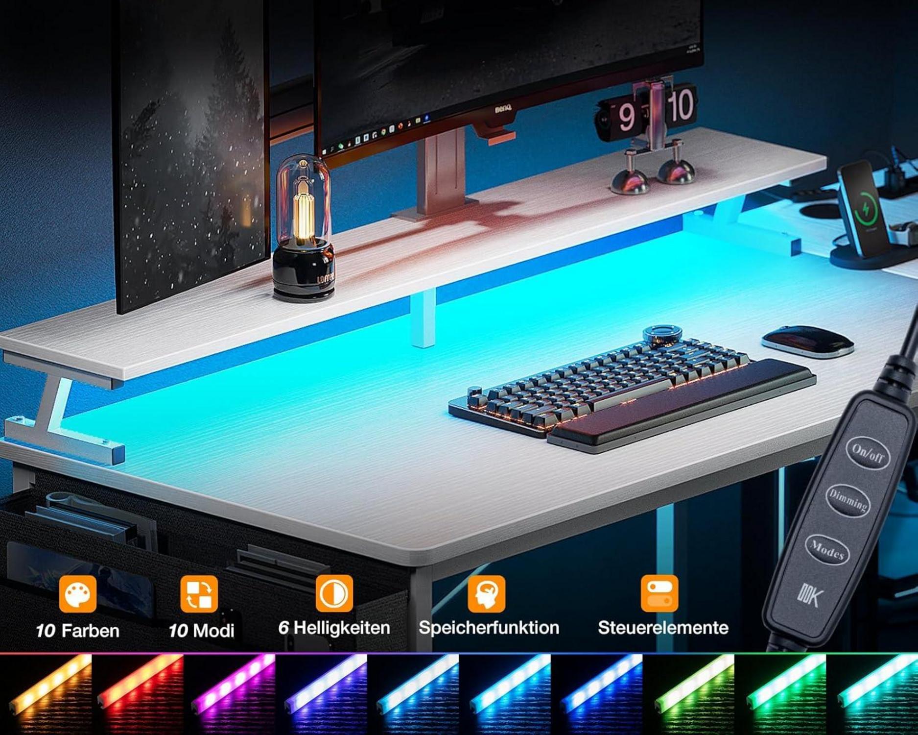 Eckschreibtisch Weiß 140x80cm mit 4 Schubladen LED Gaming Tisch L Form